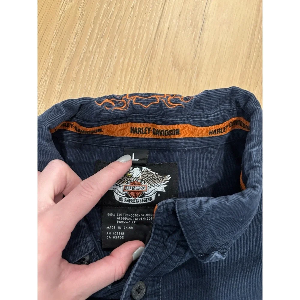 Harley Davidson Button Up Shirt Large Pocket Long Sleeve Blue Corduroy Mens